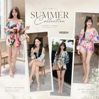 ราคา set 2 ชิ้น เสื้อไหล่ปาด แขนพอง ลายใบไม้ + กางเกงขาสั้น เอวผูกโบว์ TW18590 TwinsShopVipพร้อมส่ง (23637217018)