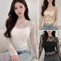 ราคา เสื้อยืดแขนยาวซีทรูผ้าลูกไม้ ลายฉลุละเอียด แมตช์คู่สายเดี่ยวข้างในสุดแซ่บ (50264652093)