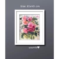 ราคา ภาพพร้อมส่ง ภาพวาดสีน้ำ ดอกกุหลาบชมพู พร้อมกรอบสีขาว สไตล์มินิมอล ขนาด 32 x 40 ซม. ของขวัญ ภาพติดผนัง AB100 (14717347323)