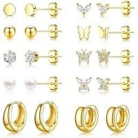 ราคา ชุดต่างหูสตั๊ดสีทองขนาดเล็กสําหรับผู้หญิง - 14K Gold Plated CZ Huggies Hoops Hypoallergenic ต่างหู Dainty ดอกไม้หัวใจต่างหูสตั๊ดสําหรับเครื่องประดับของขวัญ (55862298925)