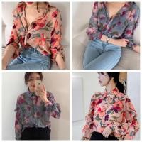 ราคา พร้อมส่งที่กทม เสื้อเชิ้ตแขนยาว ลายดอก ผ้าชีฟอง สีชมพู เกาหลีแฟชั่นผู้หญิง (21058839805)