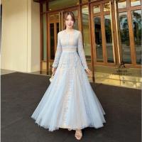 ราคา เดรสลูกไม้ฟ้ารับวันแม่!!! S-2XL Maxi Dress เดรสสีฟ้าแขนยาวผ้าปักลูกไม้สลับซีทรู งานป้าย (52660434174)