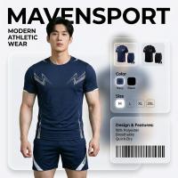 ราคา MAVEN Premium Mens Sportswear Set – Black Navy Running Gym Training Dry Fit เสื้อยืดและกางเกง (55056206798)