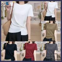 ราคา BESTSHEWomens Summer Ice Silk Short Sleeve Tees Tops Side Button Round Neck T-shirts (51209349606)