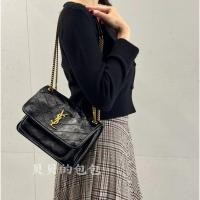 ราคา SAINT LAURENT SAINT LAURENT YSL Niki Black Label Logo Gold Chain Pleated Retro Oil Wax Leather Cowhide Stray Bag Portable Cross-body Shoulder Bag Underarm Bag Chain Bag Small Medium Large Women (49065