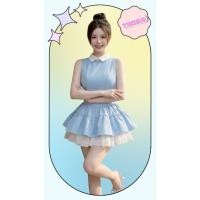 ราคา CODE-D มินิเดรสคอปกแขนกุดสีฟ้าชายระบายสีขาว (46257531215)