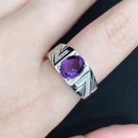 ราคา แหวนพลอยอเมทิสต์ (Amethyst) สีม่วงเข้ม ตัวเรือนทรงเรียบหรู ล้อมด้วยเพชร CZ รัสเซีย รุ่นNA1457 (6947613885)