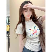ราคา เสื้อยืดผ้าเด้งปักลายดาวแต่งคอลูกไม้ (16699943621)