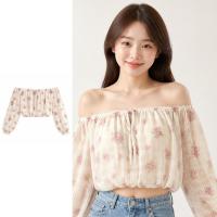 ราคา พิมพ์ลายสก๊อตสมัยใหม่Romantic Drawstring Off-Shoulder Floral Long-Sleeve Top, ผู้หญิงฤดูร้อน Cropped Cold‐Shoulder Blouse (40283342105)