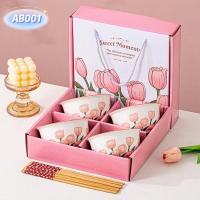 ราคา [ AB001 ] ชุดถ้วยเซรามิกพร้อมตะเกียบ ชุดถ้วยเซรามิลายดอกทิวลิป เซ็ตของขวัญ (42624915765)
