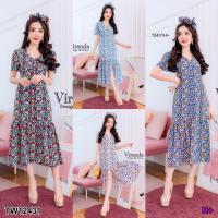 ราคา J12431 Dress แม็กซี่เดรสชายระบายแต่งกระดุมผ่าหน้า+ยางมัดผมลายการ์ตูนหนู (6934524750)