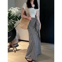 ราคา หกขนาด Yujie สไตล์สีดําสีขาวลายสก๊อตกระโปรงยาวขนาดใหญ่กระโปรงลายสก๊อต a-Line กระโปรงยาวกระโปรงลายสก๊อตขนาดใหญ่ครึ่งความยาวกระโปรงยาวฝรั่งเศสเอวสูงลายสก๊อต Laced-Up กระโปรงผู้หญิงฤดูร้อนอารมณ์ออกแบบ Ni