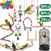 ราคา 5/6/7 ชิ้นผสมนกแก้วนกของเล่นนกแก้วการฝึกอบรมของเล่นไม้ธรรมชาตินกแก้ว Swing Perch ของเล่นนกCage Climb (57756159132)