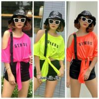 ราคา เสื้อครอป สีนีออน เปิดไหล่ด้านข้างผูกโบว์เอว (4300646419)