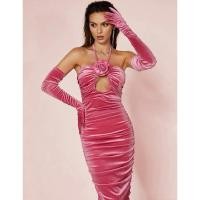 ราคา Cut Out Backless Ruched Velvet Bodycon Dress With Gloves (22540424459)